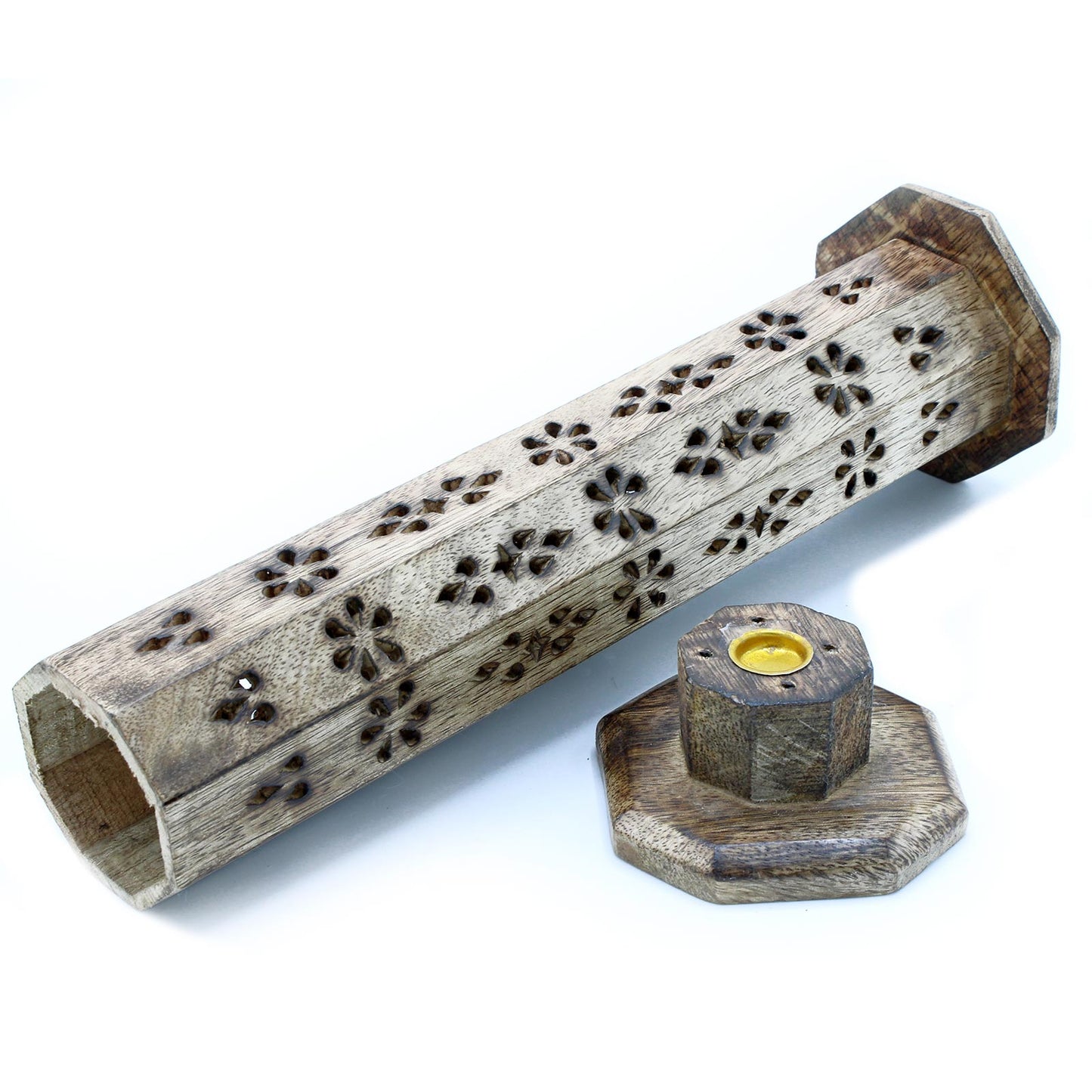 Hexagonal Incense Tower Smoke Box - Mango Wood - www.bryde.lt